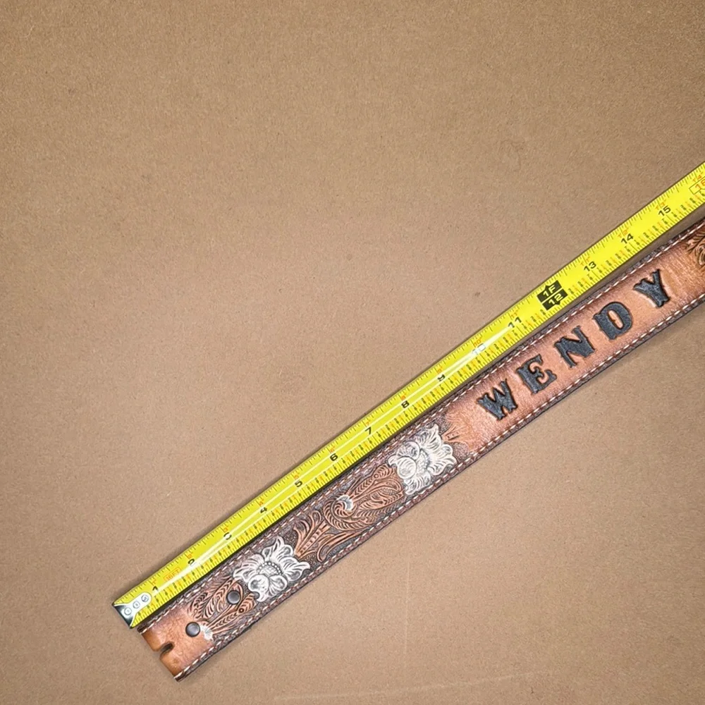 Vintage Child’s Brown Leather Belt with Black Lettering